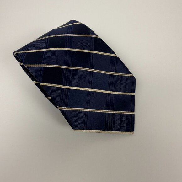 Michael Kors Navy & Beige Striped 100% Silk Tie - Picture 3 of 9